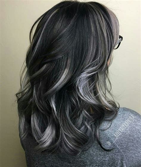 grey highlights on dark hair|More.